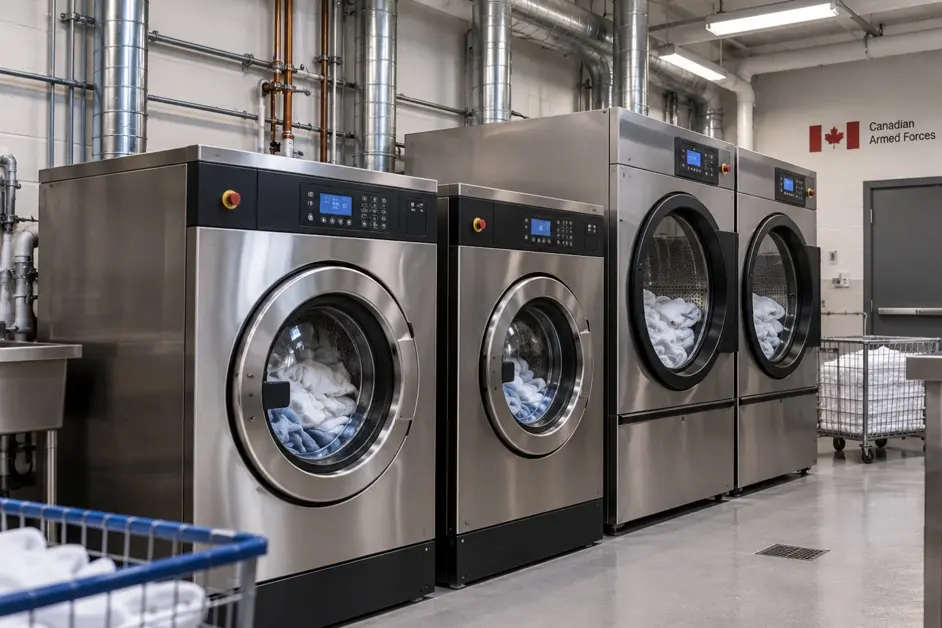 Industrial commercial washing machines and dryers inside a military laundry facility, illustrating RAD Global Procurement's equipment installation project at CFB Halifax.