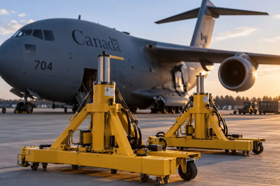 Specialized aircraft ground support equipment with a military aircraft in the background, illustrating RAD Global Procurement's defence equipment supply capabilities.