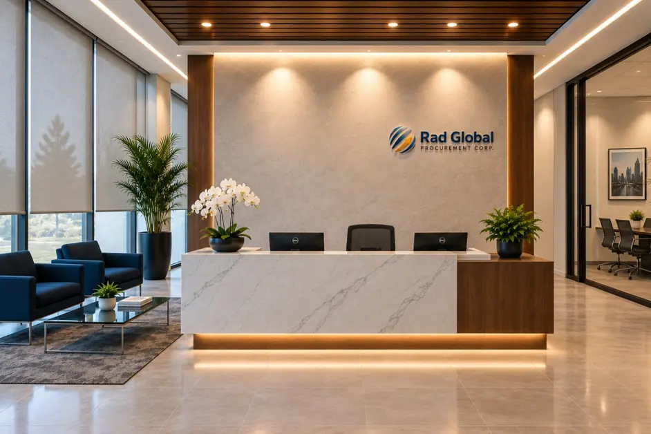 Modern corporate reception area featuring RAD Global Procurement branding, a marble reception desk, and glass-walled meeting room.